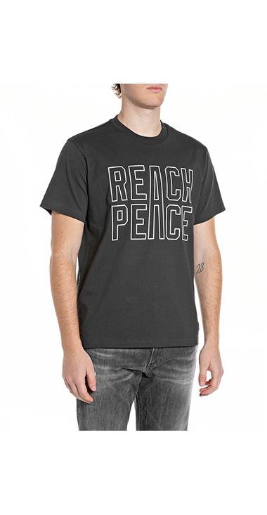 オープンエンドジャージーREACH PEACEプリントTシャツ